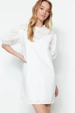 Trendyol Ecru Straight Cut Mini Cotton Woven Lined High Neck Brode Woven Dress