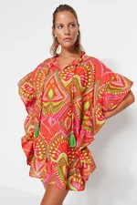 Trendyol Geometryczny wzór, szeroki krój mini tkane frędzle 100% bawełniana sukienka plażowa
