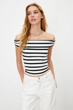 Trendyol Multi-Colored Striped Carmen Collar Viscous/Soft Fabric Stretch Knitted Blouse