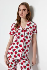 Trendyol White Piping Detailed Strawberry Patterned Knitted Pajama Set