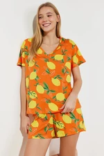 Trendyol Orange 100% Cotton Fruit Patterned Knitted Pajamas Set