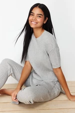 Trendyol Gray Cotton Ribbed Slit Detailed Knitted Pajamas Set