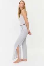 Trendyol Gray Melange Cotton Pocket and Slit Detailed Rope Strap Knitted Pajama Set