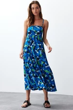 Trendyol Blue Printed Square Neck A-Line Crepe/Textured Knitted Maxi Dress