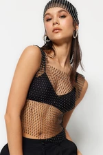 Trendyol Black Crop Knitted Blouse with Shiny Stones