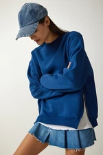 Happiness İstanbul Women's Blue Zipper Detailed Raised Knitted Sweatshirt