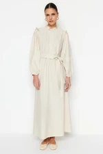 Trendyol Cream Belted Guipure and Frill Detail, Linen-Mixed Woven Dress
