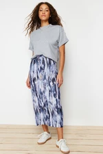 Trendyol Blue Printed Regular Elastic Waist Pleated Maxi Knitted Skirt