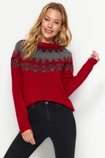 Trendyol Red Silvery Patterned Knitwear Sweater with Raglan Sleeves