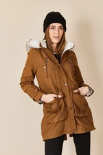 HAKKE Women's Snap Fastener Hooded Fur Coat Chest Pocket Coat
