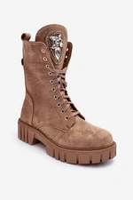 Suede work ankle boots with jewelry decoration, dark beige Marx