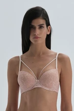 Dagi Dark Pink Half Padded Bra with Rope Detail on the Chest, Patterned Tulle Bra.