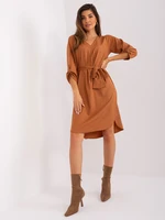 Light brown plain dress with a triangle neckline RUE PARIS