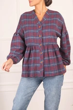 armonika Women's Dark Blue Plaid Patterned Stamped Shirt with Smocking Bottoms and Elasticated Sleeves