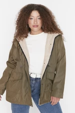 Trendyol Curve Khaki Hooded Coat with snap fasteners and pockets.