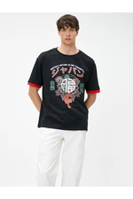 Koton Far East Printed T-Shirt with Sleeve Detail Crew Neck.