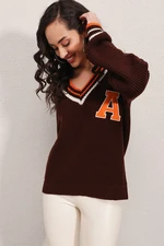 Bigdart 15802 V-Neck College Knitwear Sweater - Brown