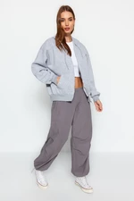 Trendyol Gray Oversize/Comfortable fit Basic Hood with Zippered Fleece Inside Knitted Sweatshirt