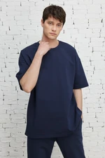 AC&Co / Altınyıldız Classics Men's Navy Blue Oversized Wide Cut, Crew Neck Short Sleeved Sweatshirt T-Shirt.