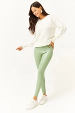 Olalook Women's Almond Green Fleece High Waist Leather Look Leggings