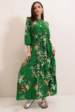 By Saygı Green Colored Floral Long Viscose Dress With Front Buttoned Tie Waist
