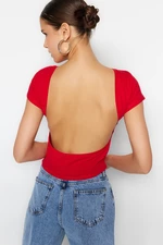 Trendyol Red Decollete Crop Cotton Stretch Knitted Blouse