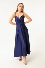 Lafaba Women's Navy Blue Satin Midi Evening Dress &; Prom Dress with Thread Straps and Waist Belt.