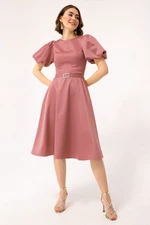 Lafaba Women's Mini Satin Evening Dress with Salmon Balloon Sleeves and Stones and a Belt.