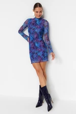 Trendyol Purple Stand-Up Collar Printed Mini Knitted Dress with Frill Trim Fitted/Sticky Mattress