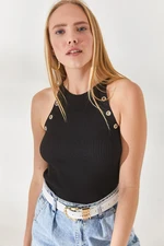 Olalook Women's Black Lycra Knitwear Blouse with Eyelet Detail