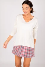 armonika Women's White V-Neck Front Short Back Long Knitwear Sweater