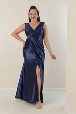 By Saygı Plus Size Long Satin Dress with Beaded Detail and Lined Draping in the Front.