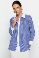 Trendyol modrá pruhovaná oversize / široká tkaná košeľa s vreckom