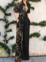Women Patchwork Pleats Chain Special Printed Front Middle Button Floor Length Waist Stitching Pocket Jumpsuits