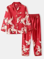 Plus Size Women Crane Pattern Revere Collar Ice Silk Home Casual Pajama Sets
