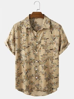 Mens Casual Leaf Print Pocket Shirts