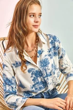 Bianco Lucci Women's Forest Illustration Linen Shirt with Fold Sleeves