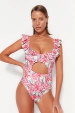 Trendyol Floral Print V-neck Swimwear with Cut Out/Windowed Regular Leg