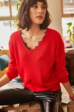 Olalook Women's Red Lace Detailed Knitwear Sweater