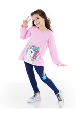 Denokids Rainbow Star Unicorn Girl's Pink T-shirt, Navy Blue Leggings Set.