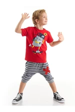 Denokids Hi Skateboarding Boys Red T-shirt Striped Gray Capri Shorts Set
