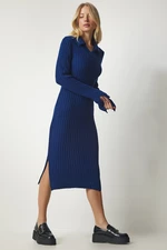 Happiness İstanbul Women's Dark Blue Polo Neck Ribbed Knitwear Dress