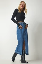 Happiness İstanbul Women's Blue Slit and Tasseled Denim Skirt