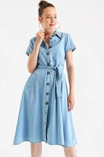 Bigdart 1677 Buttoned Waist Belt Denim Dress - Blue