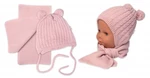 Zimní čepice na zavazování s bambulky + šál, Baby Nellys - pudrově růžová, vel. 74-80 (9-12m)