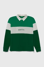 Dětské bavlněné tričko s dlouhým rukávem United Colors of Benetton zelená barva, s aplikací