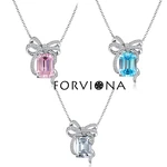 FORVIONA Sterling Silver S925 Bowknot Necklace Female Aquamarine Sapphire Pagoda Cut Zircon High Carbon Diamond Pendant Chain