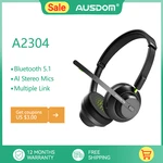 Voipfocus A2304 Connect 2 UC Bluetooth 5.1 Headphones AI Stereo Mics Wireless 50h On Ear Headset Dongle Charger Stand For Office