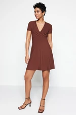 Trendyol Brown Double-breasted Collar Mini, Flexible Knitted Dress