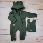 Oteplený dětský overal bez šlapek s kapucí + čepička, 2D, khaki, vel. 68 (3-6m)
